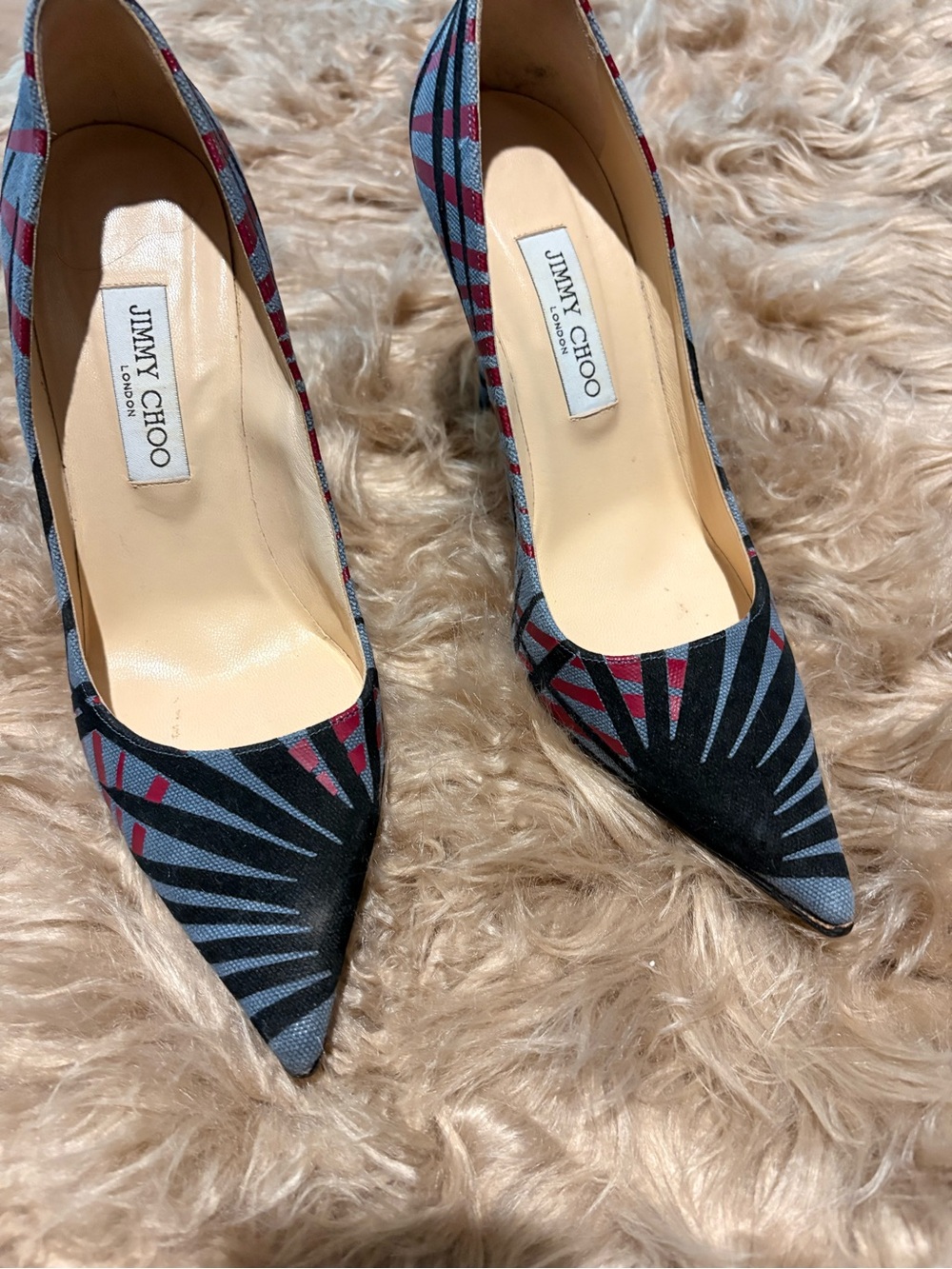 Jimmy Choo Black, Red & Gray Patterned Pointed Pumps